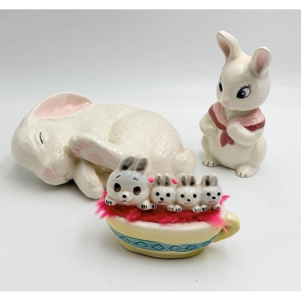 Vintage Ceramic Bunny Lot Japan FK 88 USA Figurine Set Decor Cottagecore Rabbits